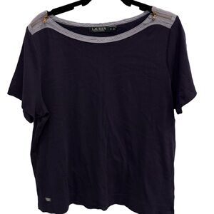 Lauren Ralph Lauren Women’s Navy Blue Zipper Accent Short Sleeve Shirt Top 2X